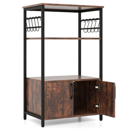 Kitchen shelf with cupboard 3-tier baker's shelf with 2 open shelves & 10 hooks 60 x 40 x 100 cm brown