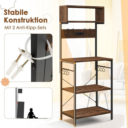 Küchenregal mit Steckdose &amp; offenen Ablagen &amp; 10 Hängehaken, Standregal, Mikrowellenregal