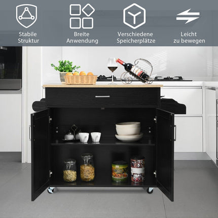 Küchenwagen Kücheninsel mit Schublade und höhenverstellbarem Regal 116 x 40 x 85 cm Schwarz + Natur