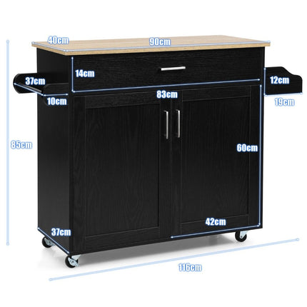 Küchenwagen Kücheninsel mit Schublade und höhenverstellbarem Regal 116 x 40 x 85 cm Schwarz + Natur