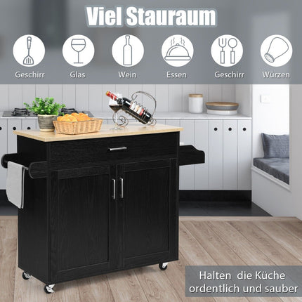 Küchenwagen Kücheninsel mit Schublade und höhenverstellbarem Regal 116 x 40 x 85 cm Schwarz + Natur
