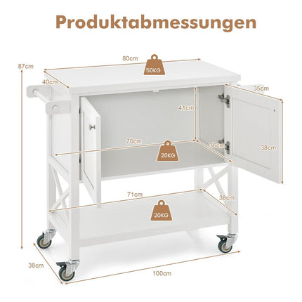 Küchenwagen mit Schrank &amp; Ablage &amp; Handtuchhalter &amp; Gewürzregal Servierwagen weiß