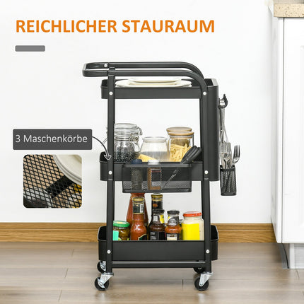 Rolling Kitchen Cart with Hooks and Storage Baskets