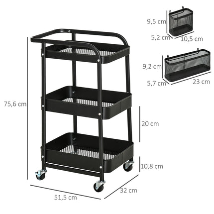 Rolling Kitchen Cart with Hooks and Storage Baskets