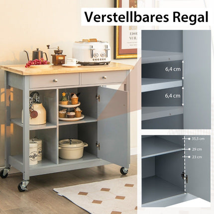 Kuchyňský vozík na kolečkách, kuchyňský ostrůvek s pracovní deskou, servírovací vozík se 2 zásuvkami, 99 x 46 x 90 cm, šedý