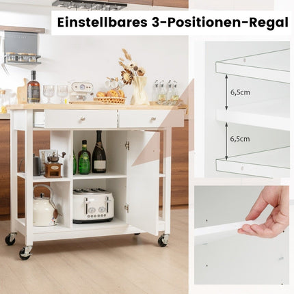 Küchenwagen mit Rollen Kücheninsel mit Arbeitsplatte Servierwagen mit 2 Schubladen 99 x 46 x 90 cm Weiß