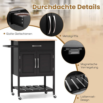 Kitchen trolley with worktop, serving trolley with wheels, trolley with drawer, black