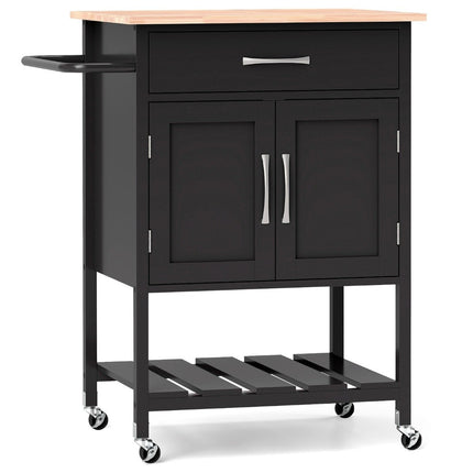 Kitchen trolley with worktop, serving trolley with wheels, trolley with drawer, black