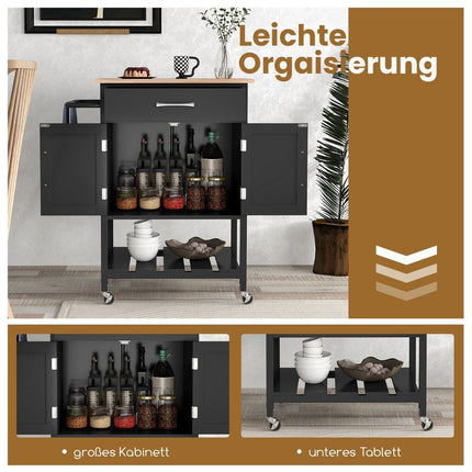 Kitchen trolley with worktop, serving trolley with wheels, trolley with drawer, black