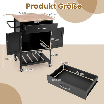 Kitchen trolley with worktop, serving trolley with wheels, trolley with drawer, black