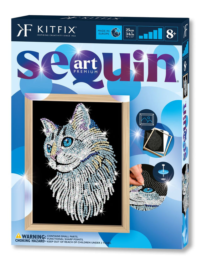 Kitfix DIY Set Paillettenbild Blau Premium Weiße Katze
