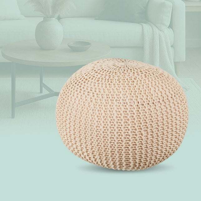 Gestrickter Pouf – Runder Bodenhocker, Boho-Design