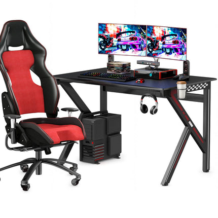 K-shaped gaming table with headphone hook cup holder and cable management ergonomic computer table black