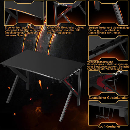 K-shaped gaming table with headphone hook cup holder and cable management ergonomic computer table black
