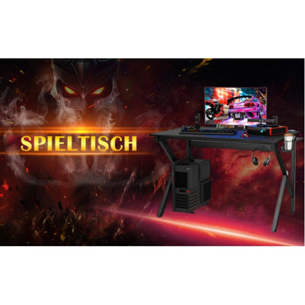 K-shaped gaming table with headphone hook cup holder and cable management ergonomic computer table black