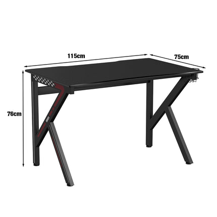 K-shaped gaming table with headphone hook cup holder and cable management ergonomic computer table black