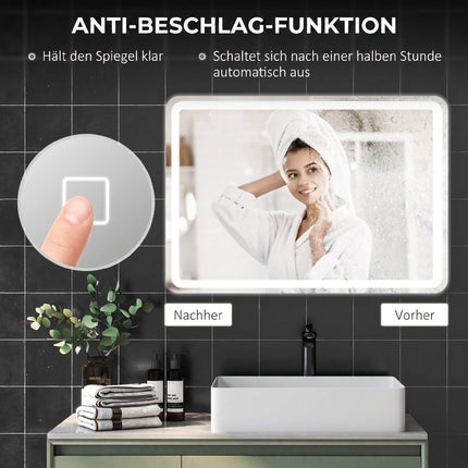 LED Bathroom Mirror 70 x 100 cm with Anti-Fog, Touch Control, Dimmable, Silver