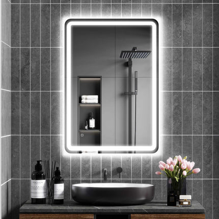 LED Bathroom Mirror 70 x 100 cm with Anti-Fog, Touch Control, Dimmable, Silver