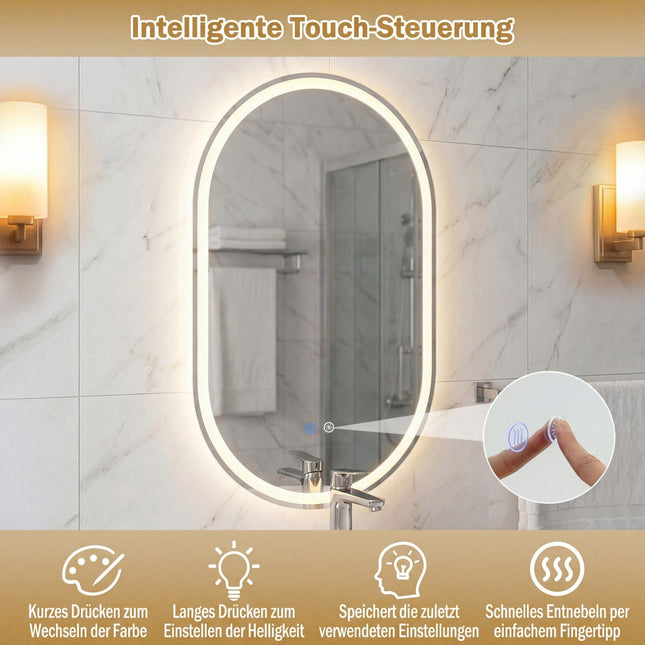 LED Bathroom Mirror, 80x50 cm, Backlit, Anti-Fog, Touch Control