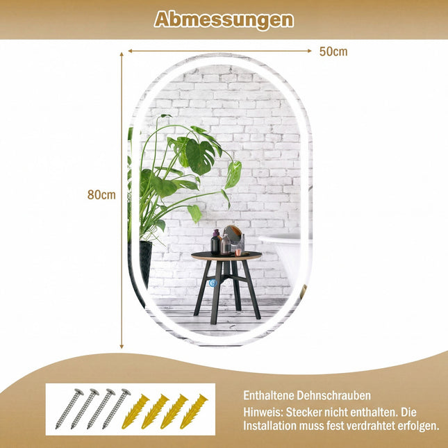 LED Bathroom Mirror, 80x50 cm, Backlit, Anti-Fog, Touch Control