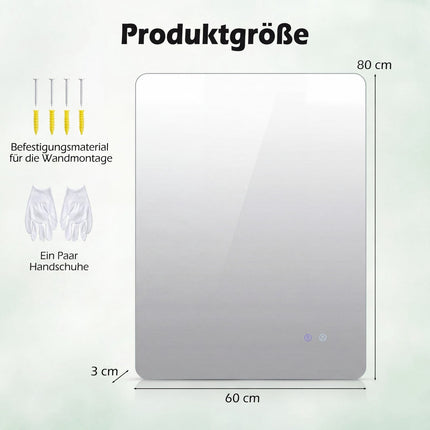 LED Bathroom Mirror, 80x60 cm, Anti-Fog, Adjustable Light
