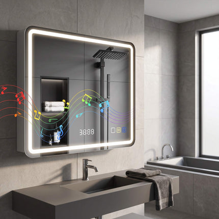 LED Bathroom Mirror 80 x 60 cm with Anti-Fog Pad, Bluetooth, Clock, Silver
