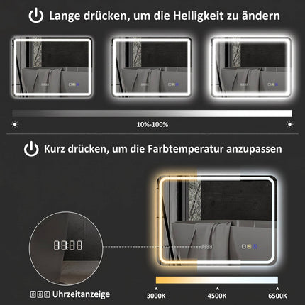 LED Bathroom Mirror 80 x 60 cm with Anti-Fog Pad, Bluetooth, Clock, Silver