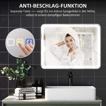LED Bathroom Mirror 80 x 60 cm with Anti-Fog Pad, Bluetooth, Clock, Silver