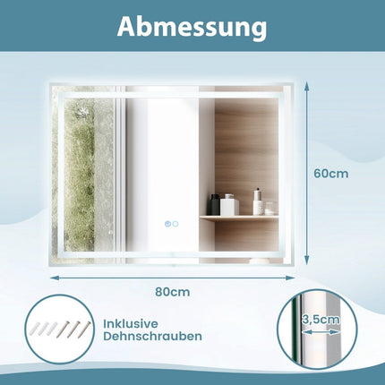 LED Badspiegel mit Antibeschlag, 80x60 cm, Duale Beleuchtung