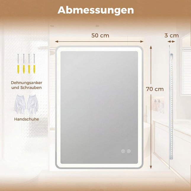 LED Bathroom Mirror with Anti-Fog, Dimmable, 70x50 cm
