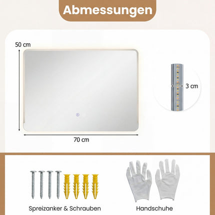 LED Badezimmerspiegel mit Antibeschlag, dimmbares Licht, 70x50 cm