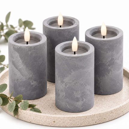 LED Block Candles Set of 4 in Concrete Look with Timer, Grey, Flameless