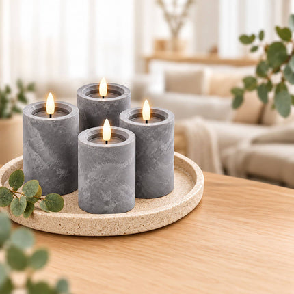 LED Block Candles Set of 4 in Concrete Look with Timer, Grey, Flameless