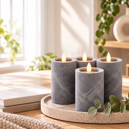 LED Block Candles Set of 4 in Concrete Look with Timer, Grey, Flameless