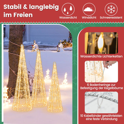 LED-Weihnachtskegelbäume, 3er-Set, 90 warmweiße LEDs