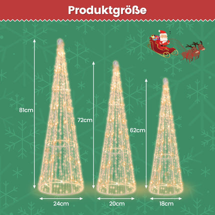 LED-Weihnachtskegelbäume, 3er-Set, 90 warmweiße LEDs