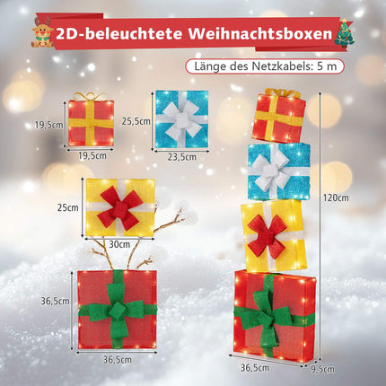 LED Weihnachtsgeschenkboxen-Set – 4 mehrfarbig beleuchtete Boxen