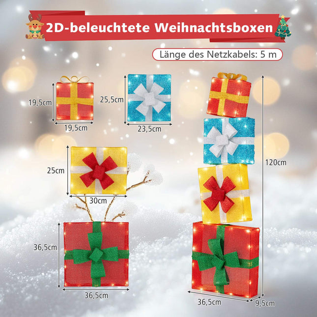 Set van 4 verlichte kerstcadeauverpakkingen met LED-verlichting - Meerkleurig