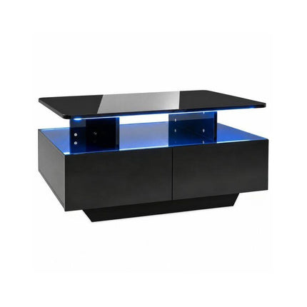 LED Coffee Table 90 cm with 2 Storage Drawers and Open Shelf, High Gloss Black