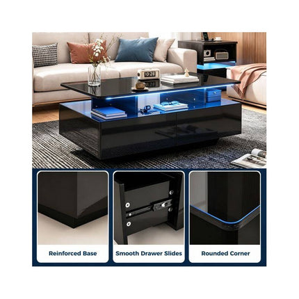LED Coffee Table 90 cm with 2 Storage Drawers and Open Shelf, High Gloss Black
