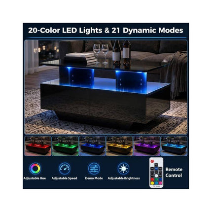 LED Coffee Table 90 cm with 2 Storage Drawers and Open Shelf, High Gloss Black