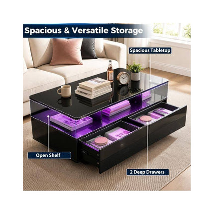 LED Coffee Table 90 cm with 2 Storage Drawers and Open Shelf, High Gloss Black