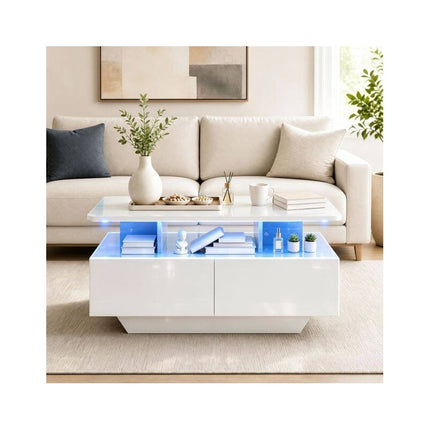 LED Coffee Table 90 cm with 2 Storage Drawers and Open Shelf, High Gloss White
