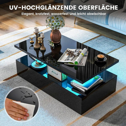 LED Couchtisch, Hochglanz, Schwarz, 110x60x40 cm