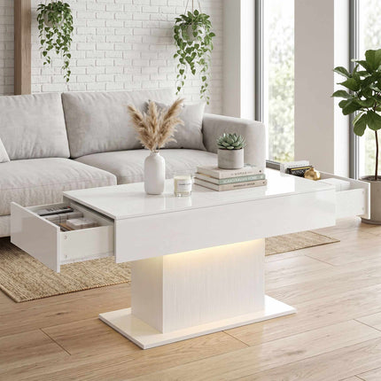 LED Couchtisch, RGB, Hochglanz Weiß, 2 Schubladen