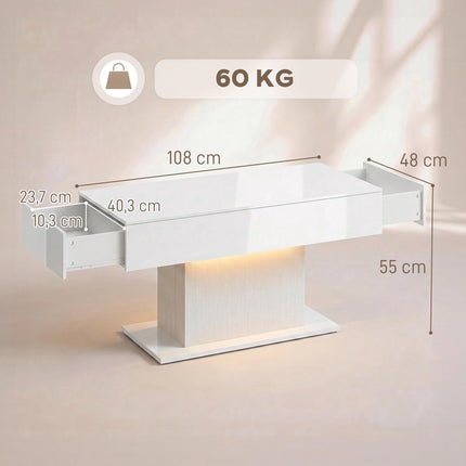 LED Couchtisch, RGB, Hochglanz Weiß, 2 Schubladen