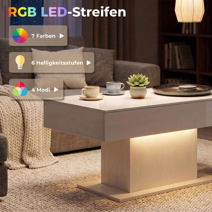 LED Couchtisch, RGB, Hochglanz Weiß, 2 Schubladen