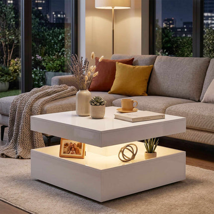 LED Coffee Table With Storage, 2-Tier, High Gloss White