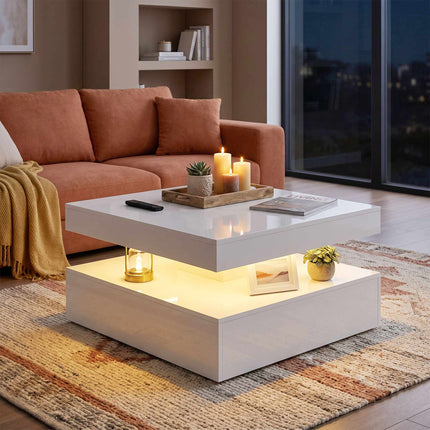 LED Coffee Table With Storage, 2-Tier, High Gloss White