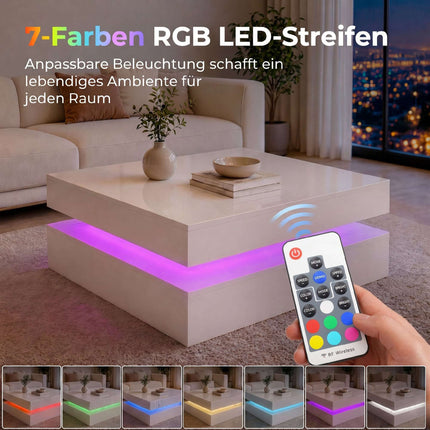 LED Coffee Table With Storage, 2-Tier, High Gloss White